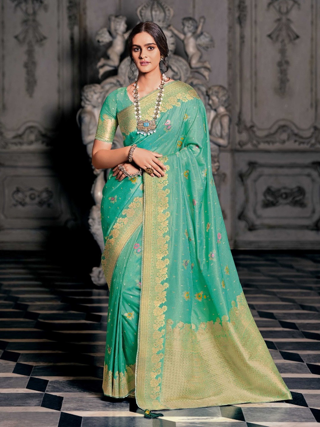

Mitera Blue Ethnic Motifs Woven Design Zari Banarasi Saree