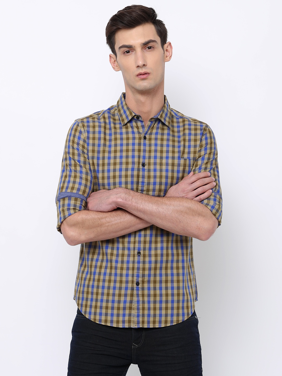 

Black coffee Men Blue & Khaki Slim Fit Checked Casual Shirt