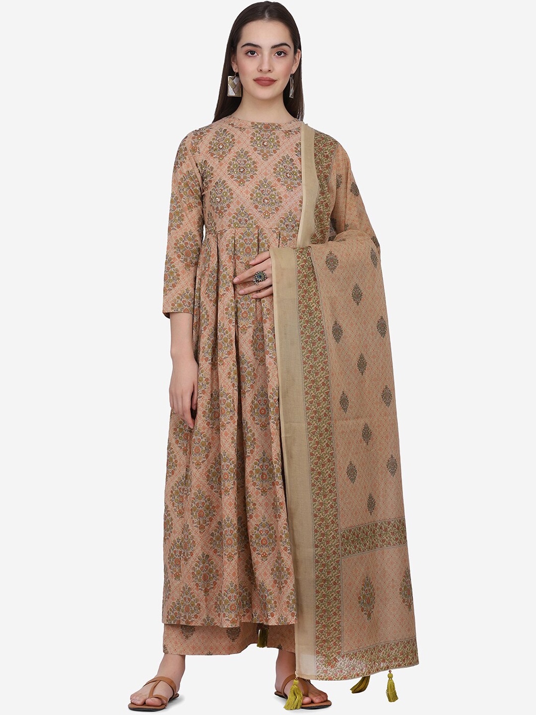 

KALINI Floral Printed Beads and Stones Pure Cotton Kurta With Palazzos & Dupatta, Beige