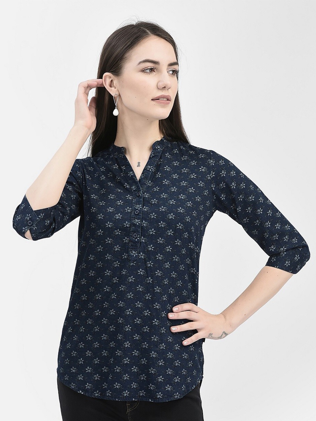 

Crimsoune Club Floral Print Mandarin Collar Cotton Regular Top, Navy blue