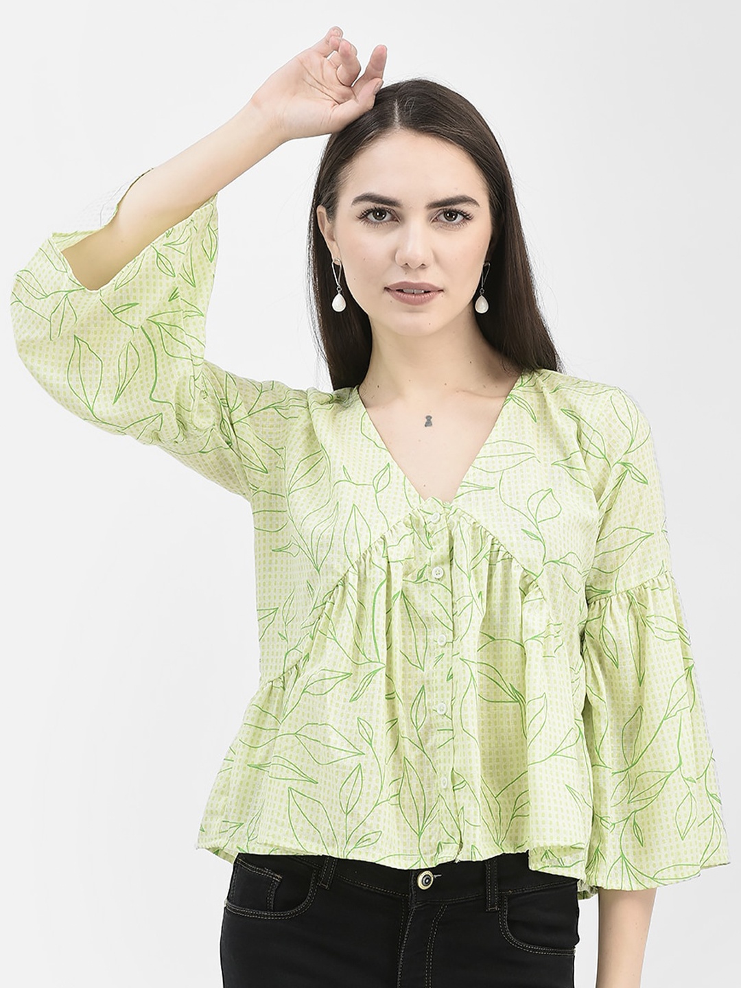 

Crimsoune Club Floral Printed Bell Sleeve A-Line Top, Green