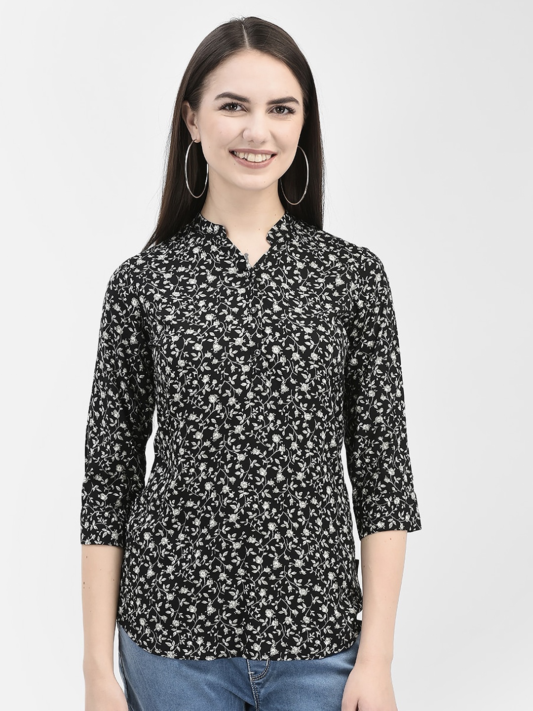 

Crimsoune Club Floral Print Mandarin Collar Top, Black