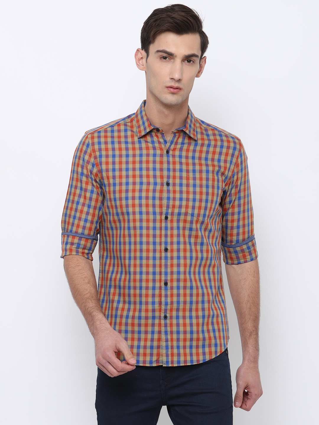 

Black coffee Men Orange & Blue Slim Fit Checked Casual Shirt