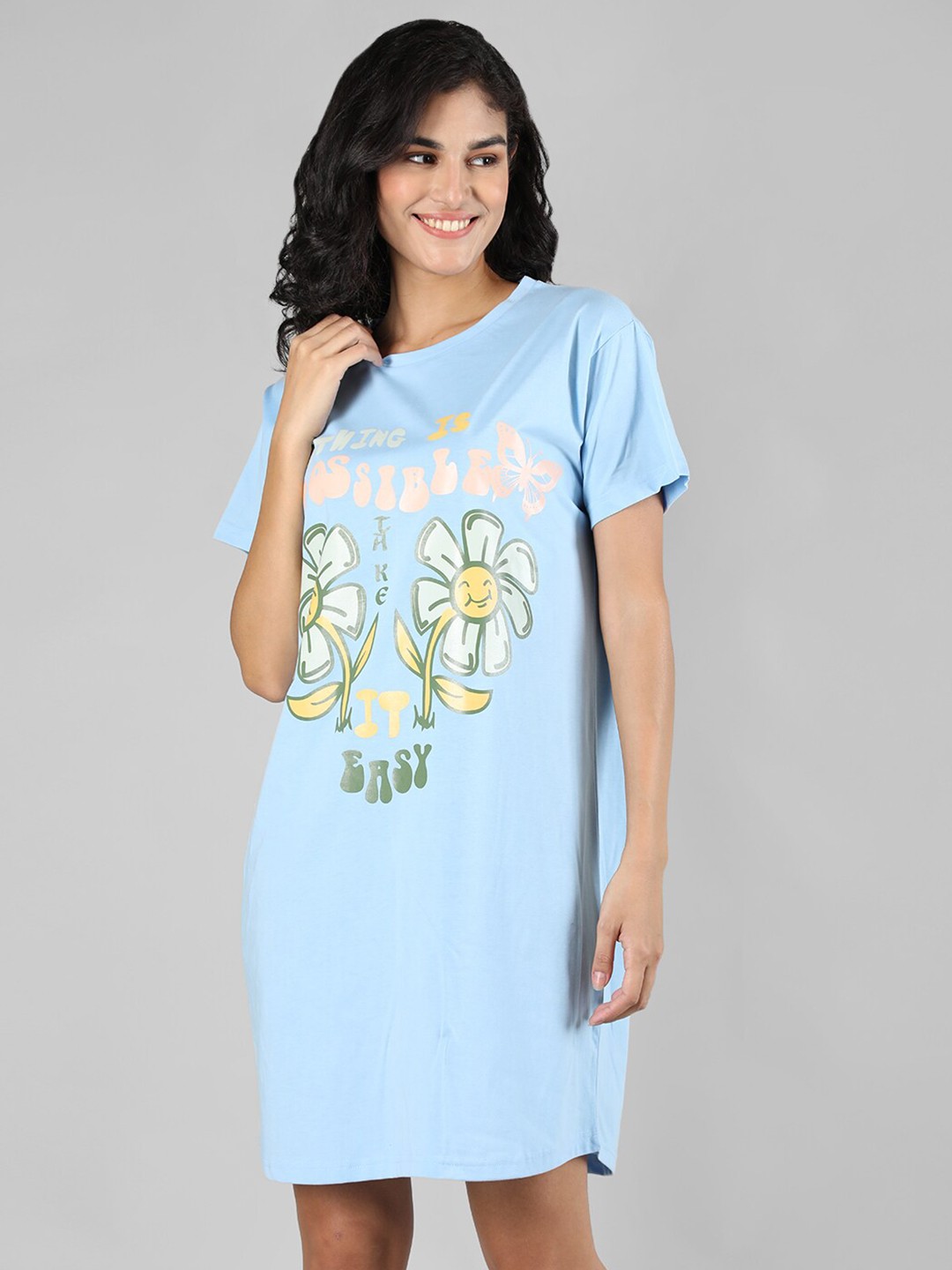

Organzaa Printed T-Shirt Nightdress, Blue