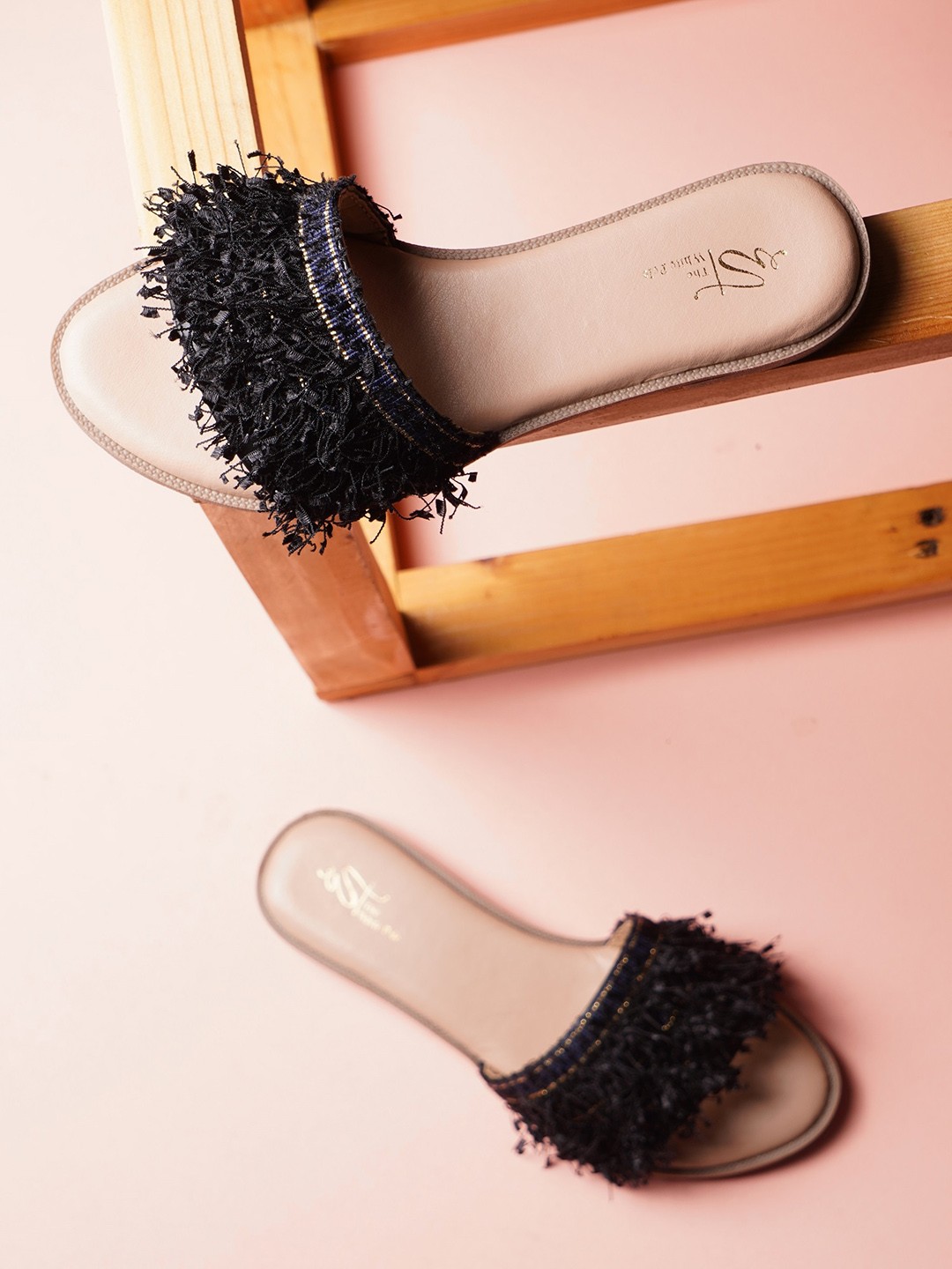 

THE WHITE POLE Embellished Open Toe Flats, Black