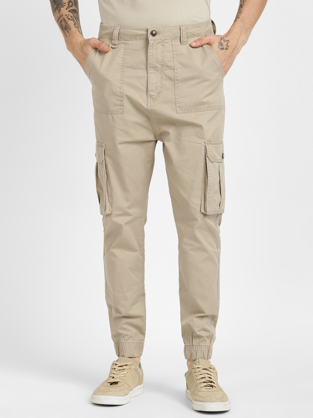 

ALCOTT Men Pure Cotton Cargos Trousers, Beige