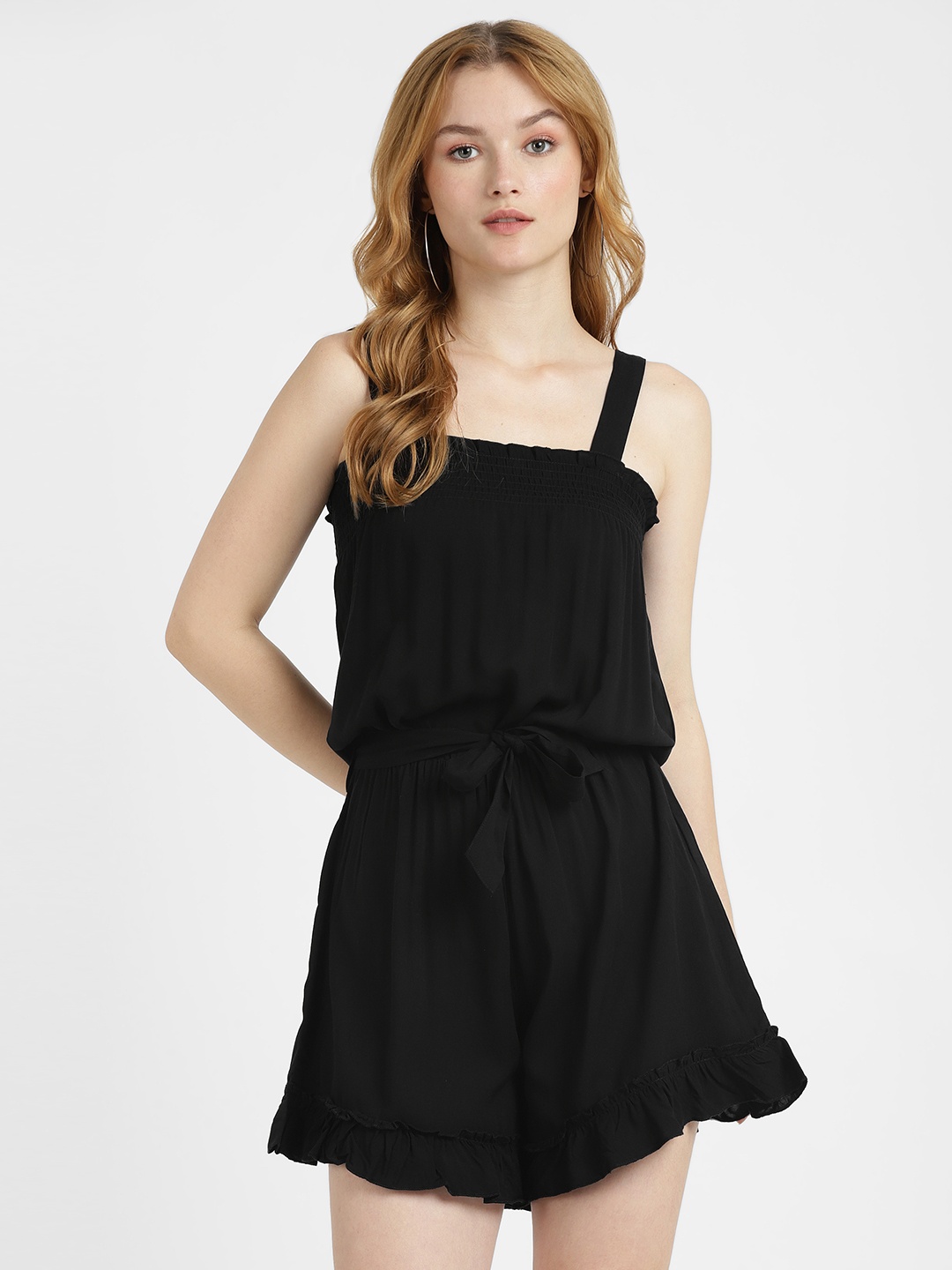 

ALCOTT Tie-Up & Smocked Detail Shoulder Straps Playsuit, Black