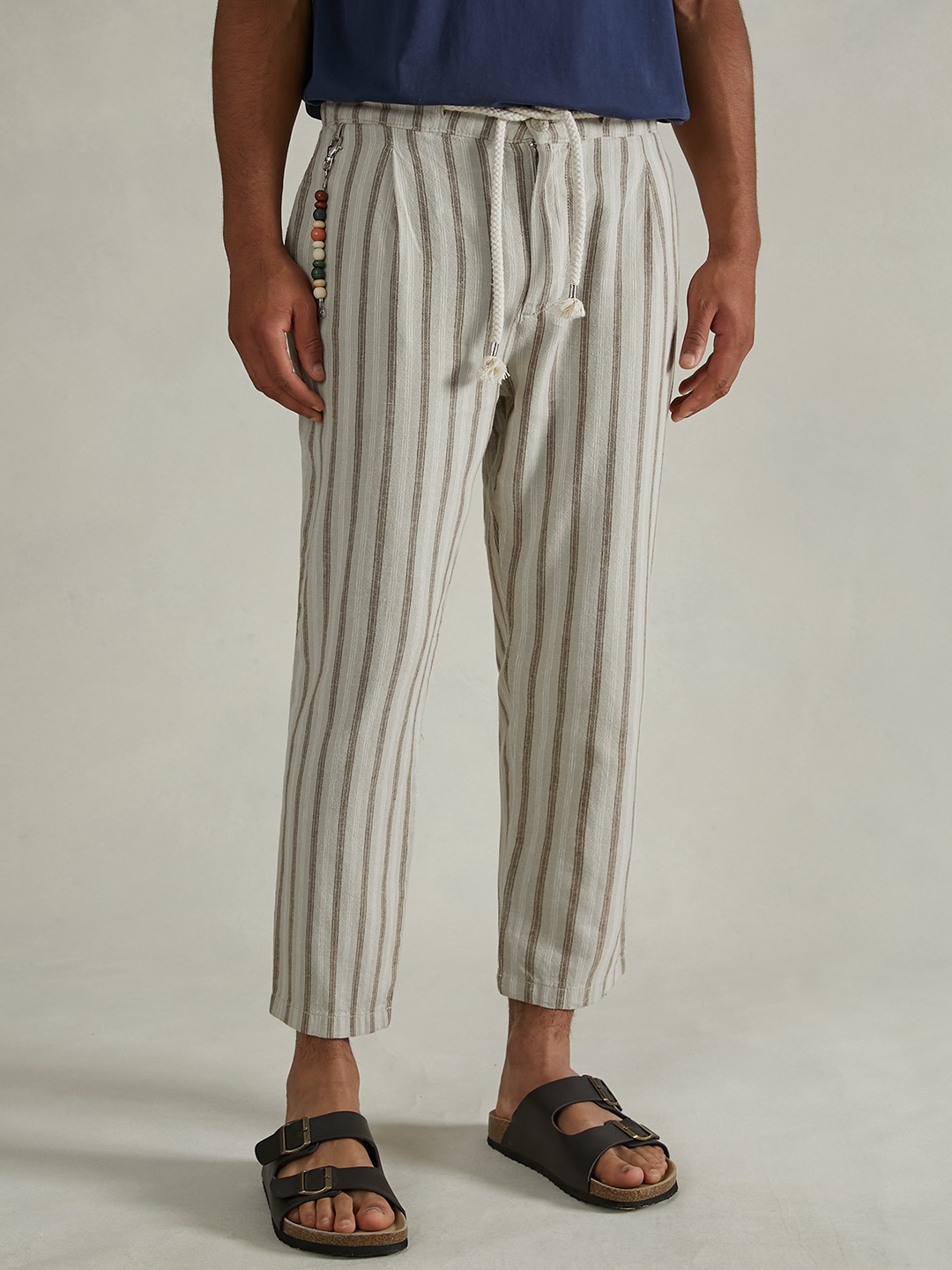 

ALCOTT Men Striped Linen Cotton Trousers with Accessory, Cream