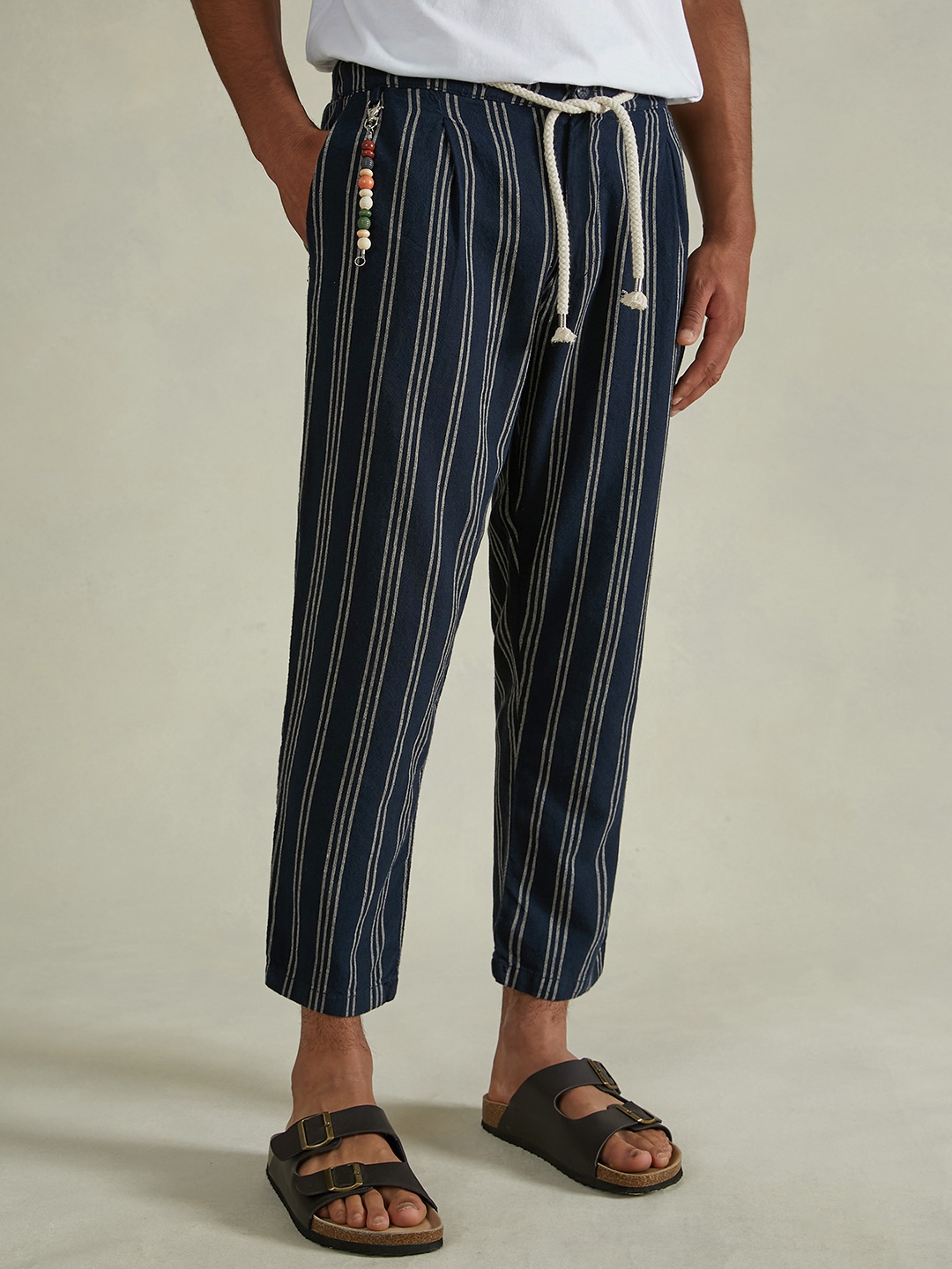 

ALCOTT Men Striped Linen Cotton Trousers with Accessory, Navy blue