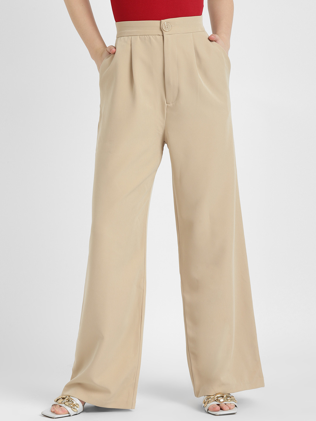 

ALCOTT Women Flared Fit High-Rise Pleated Trousers, Beige