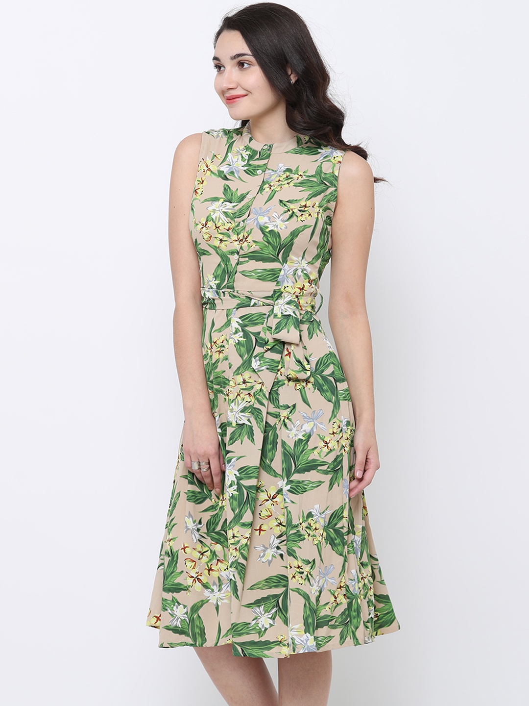 

Tokyo Talkies Women Beige Printed A-Line Dress