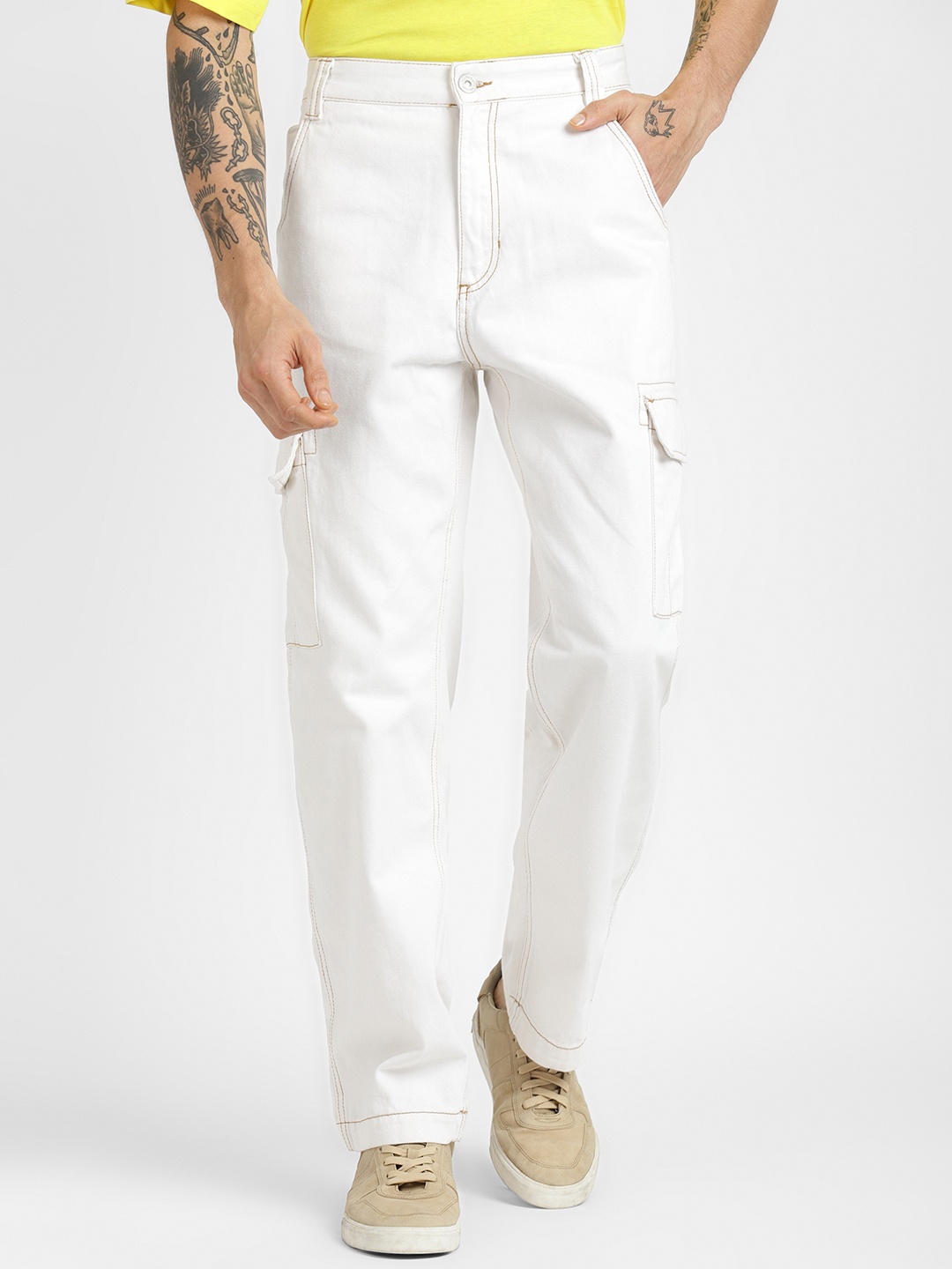 

ALCOTT Men Pure Cotton Cargos, Off white