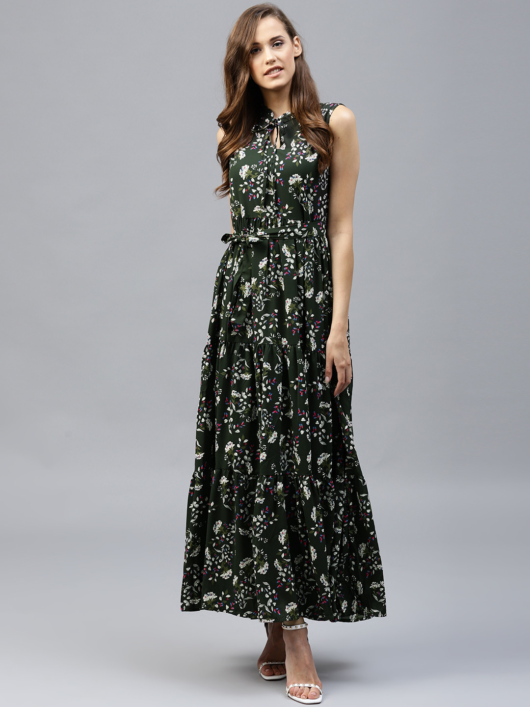 

Tokyo Talkies Women Olive Green Printed Maxi Dress