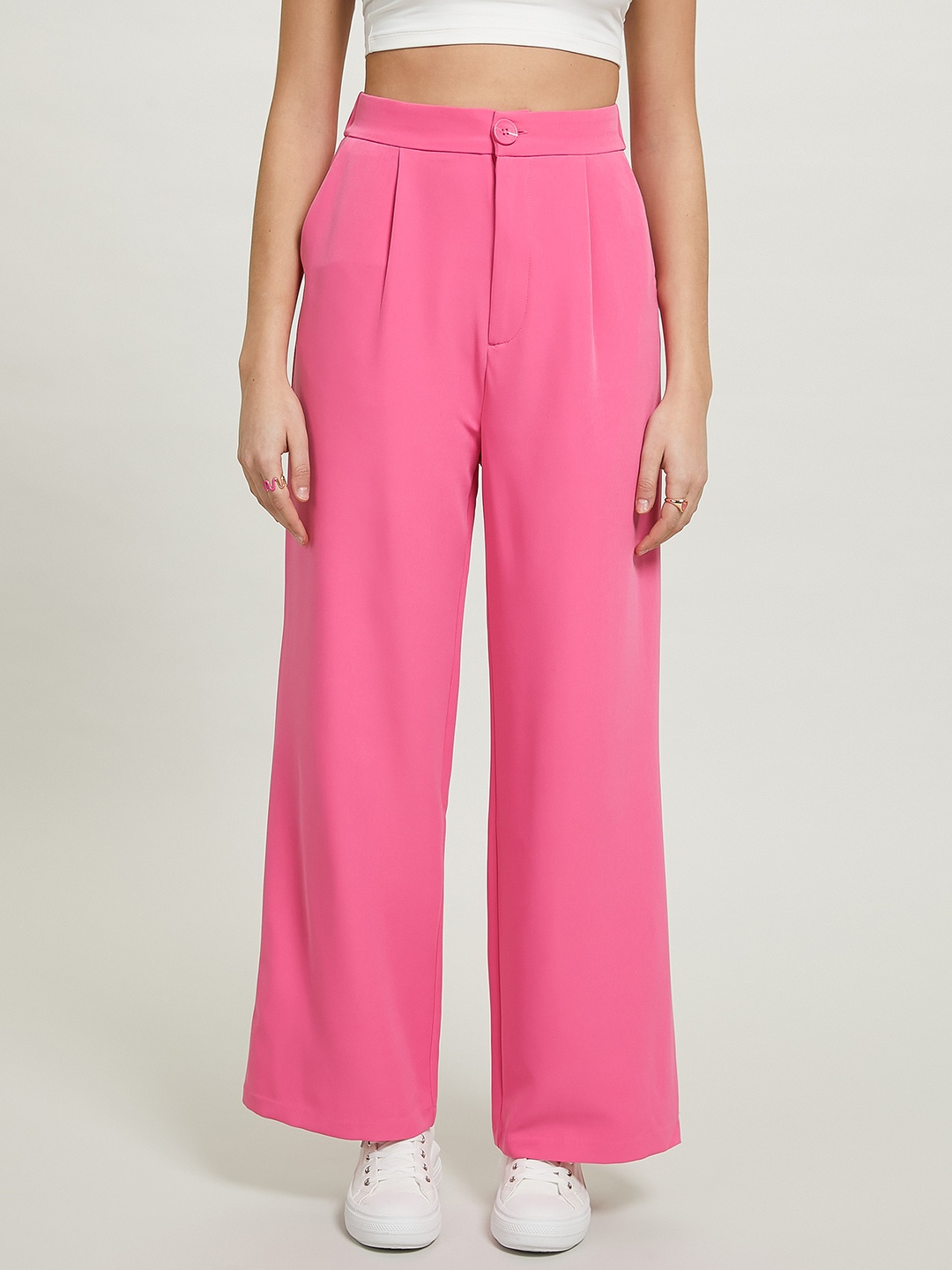 

ALCOTT Women Flared High-Rise Pleated Trousers, Pink