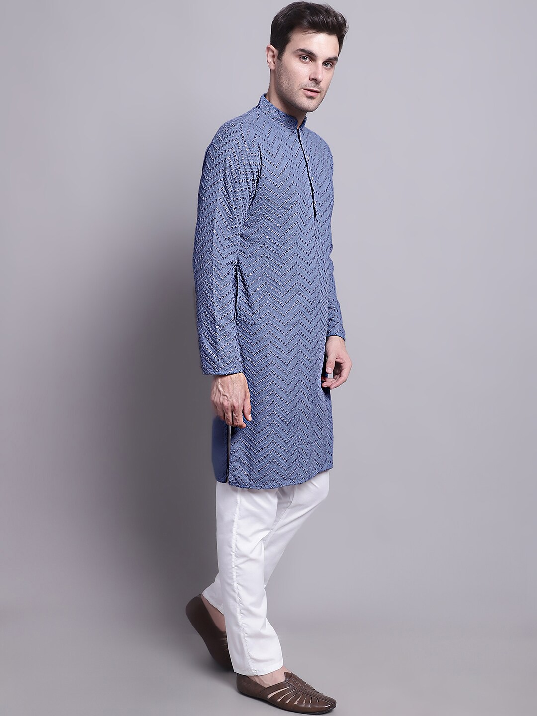 

Jompers Embroidered Regular Sequined Pure Cotton Kurta with Churidar, Grey