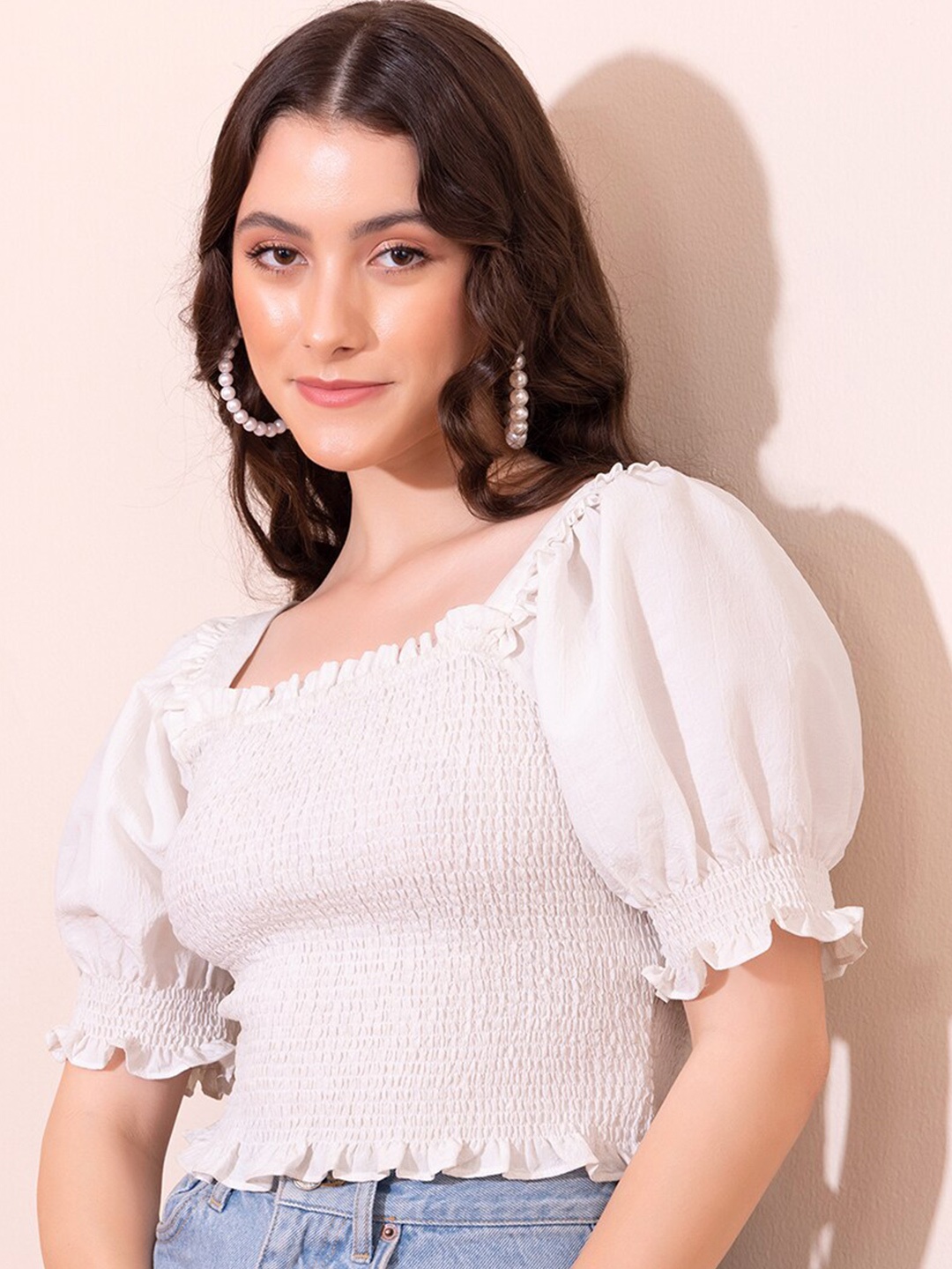 

FabAlley White Smocked Puff Sleeve Crepe Top