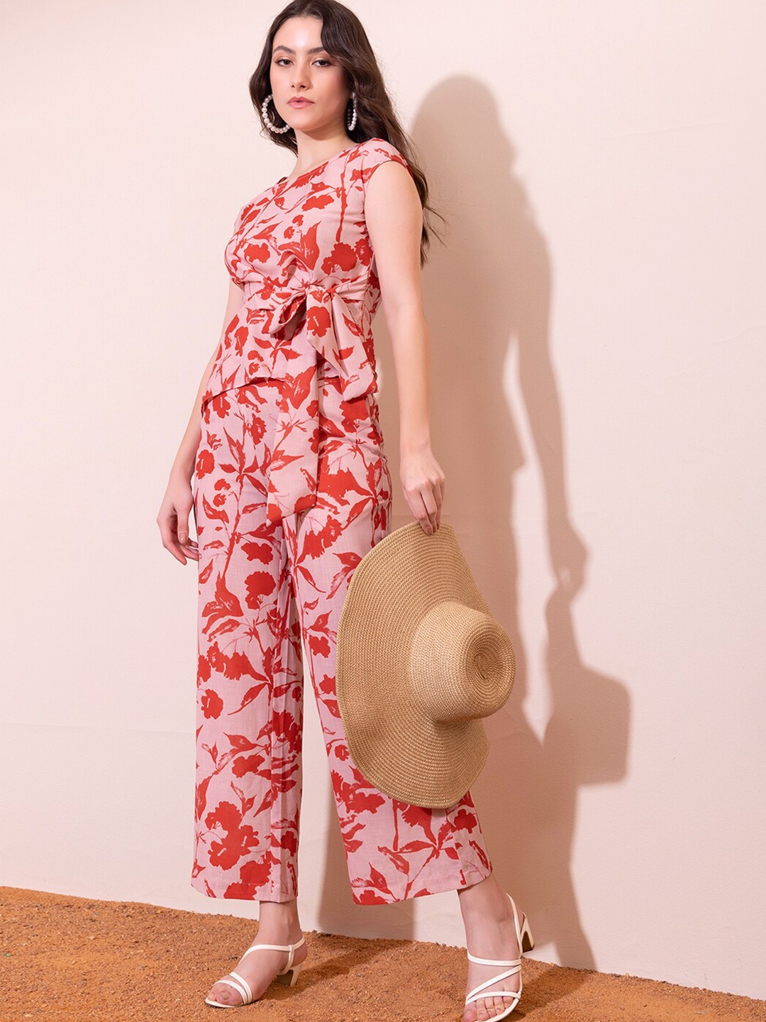 

FabAlley Floral Printed Top With Trousers, Peach