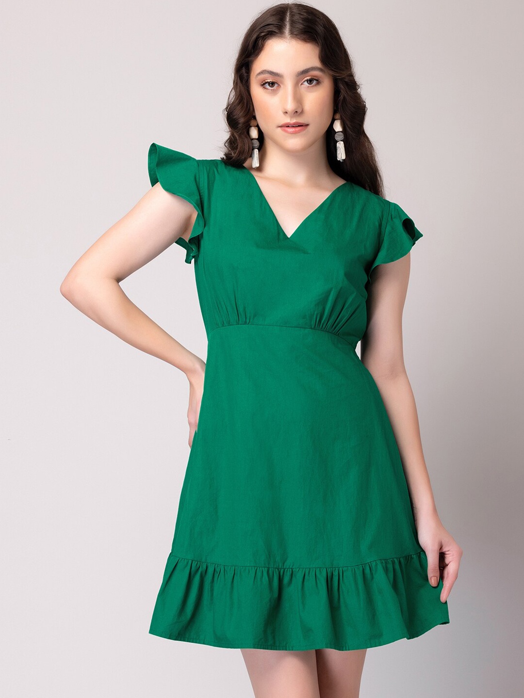 

FabAlley Green Flutter Sleeve Fit & Flare Cotton Dress