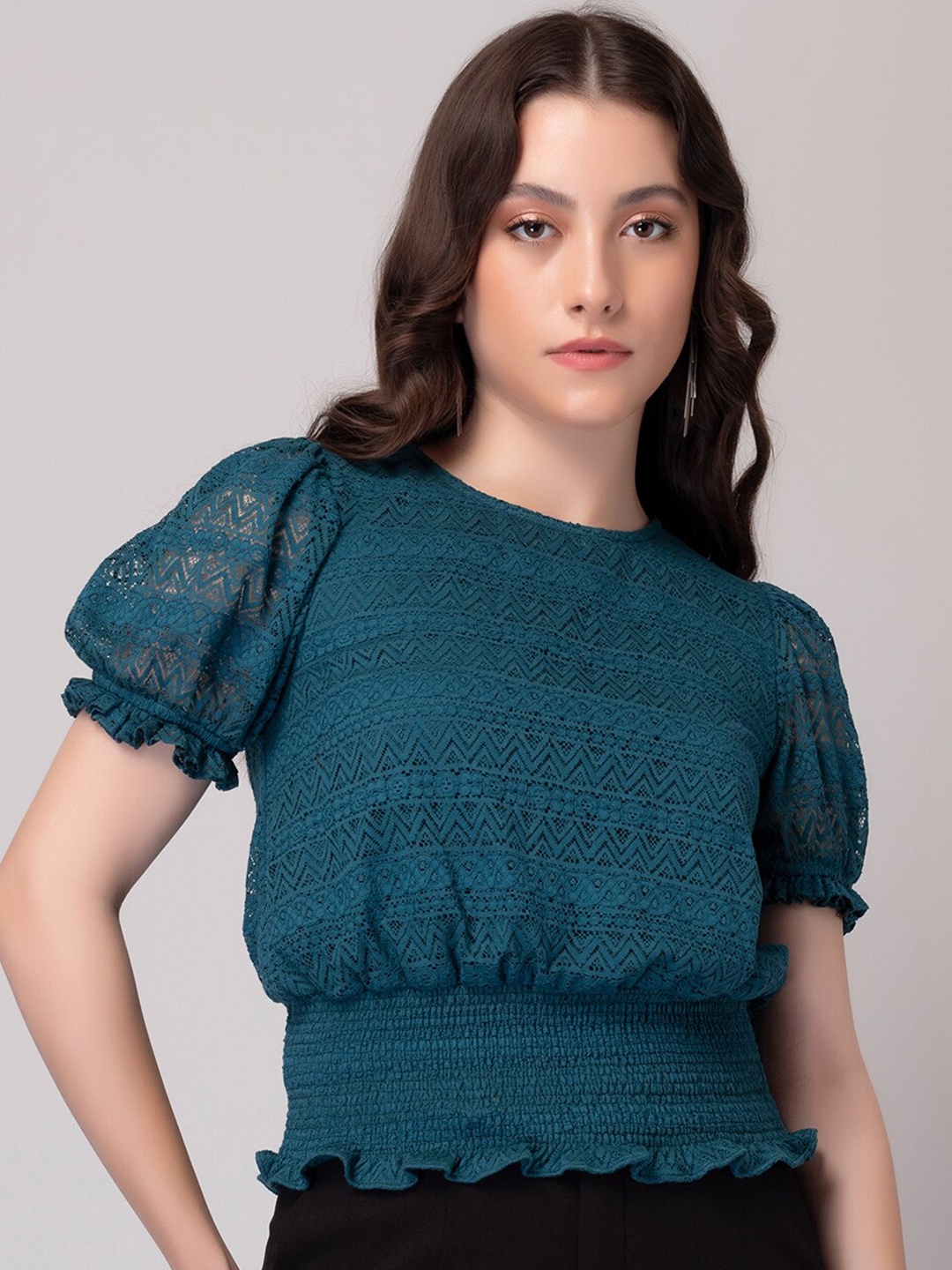 

FabAlley Teal Blue Self Design Puff Sleeve Lace Blouson Top