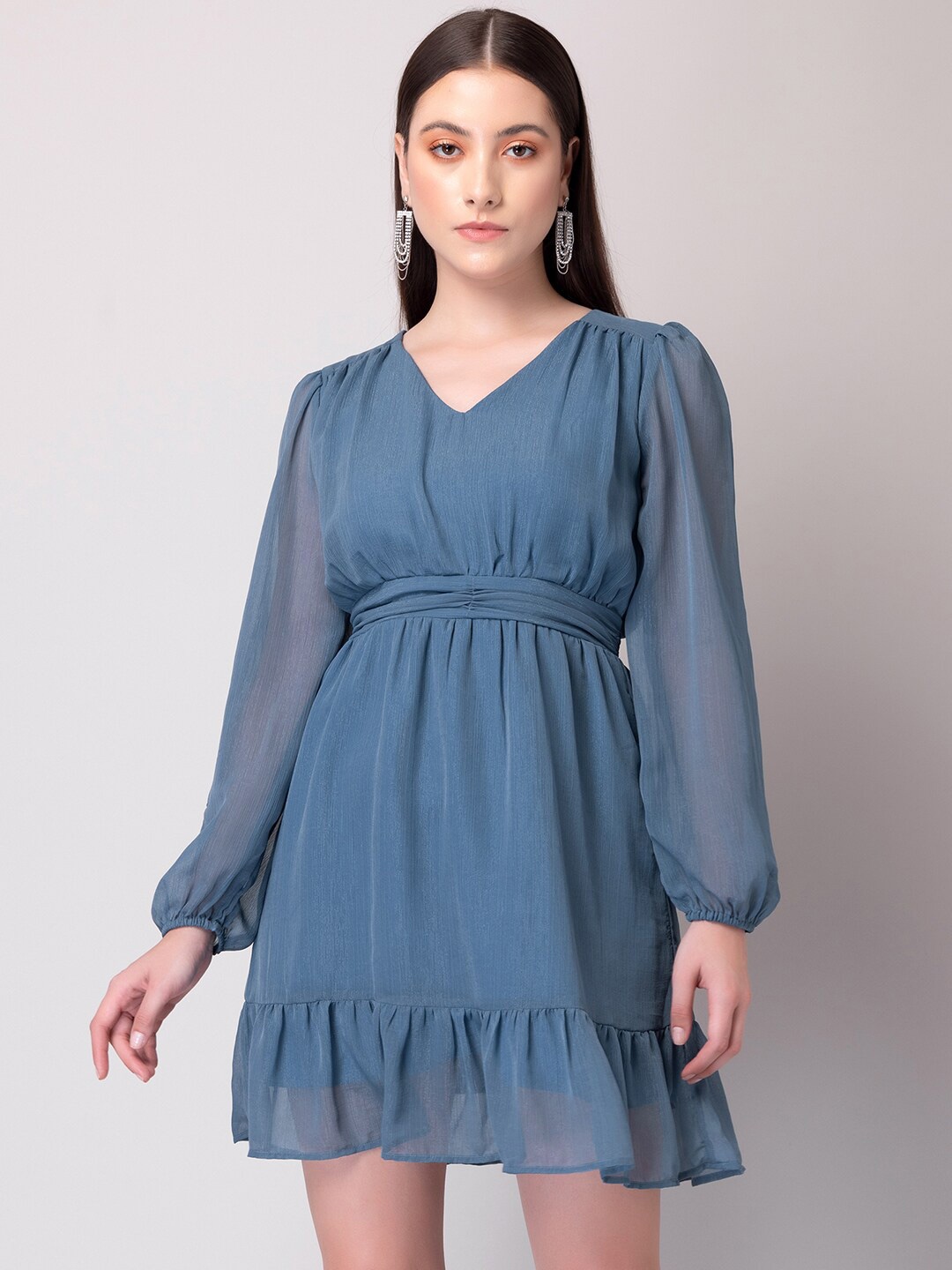 

FabAlley Blue Puff Sleeves Gathered Georgette Empire Dress
