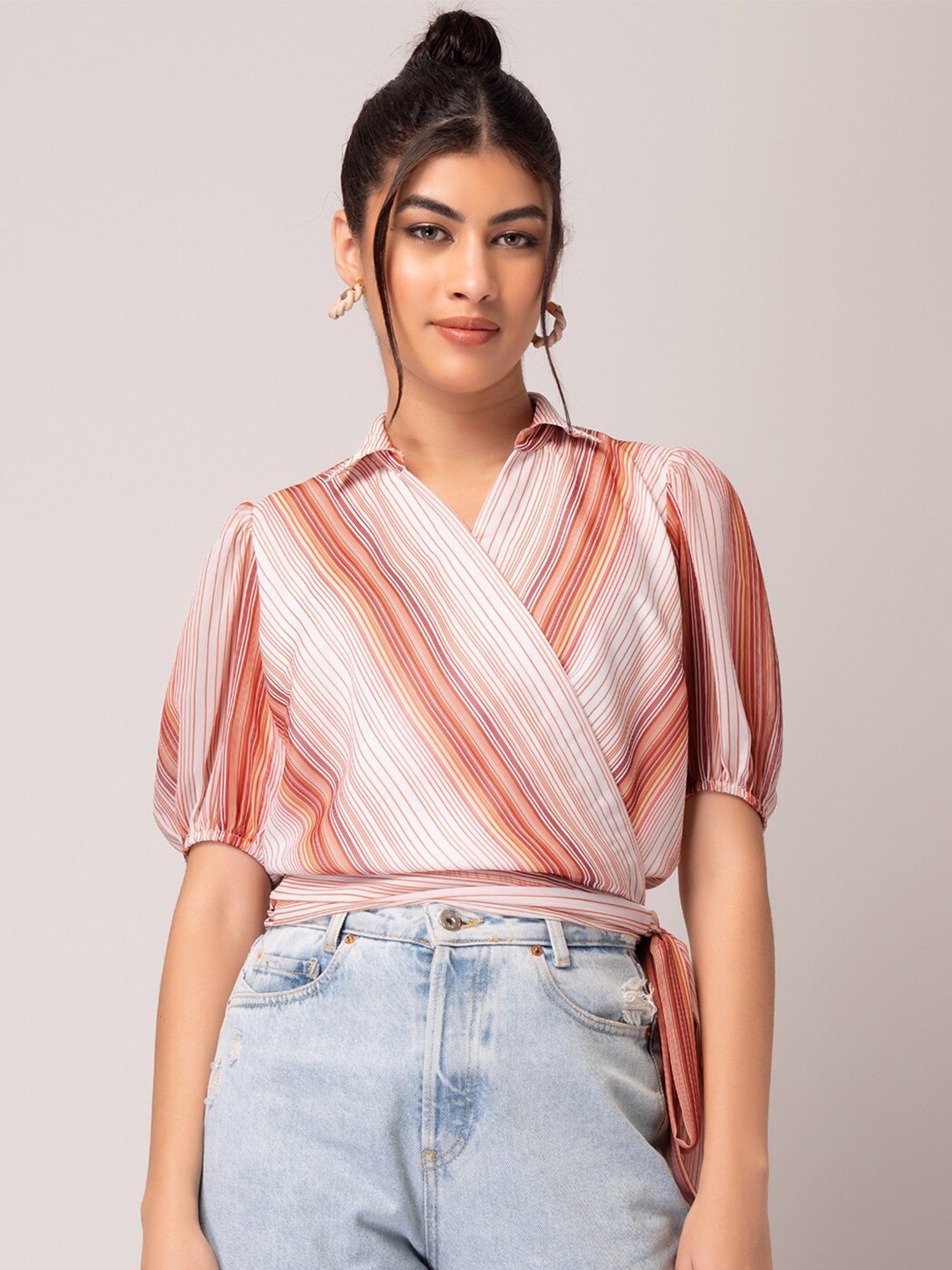 

FabAlley Striped Puff Sleeve Georgette Wrap Top, Brown