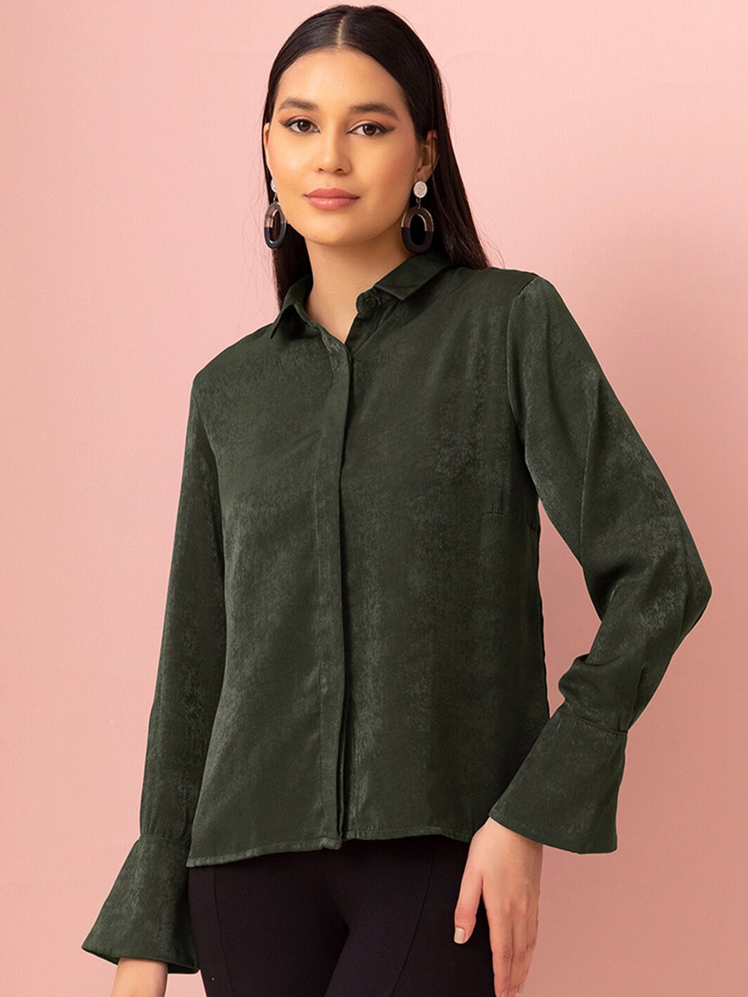 

FabAlley Olive Green Spread Collar Bell Sleeve Shirt Style Top