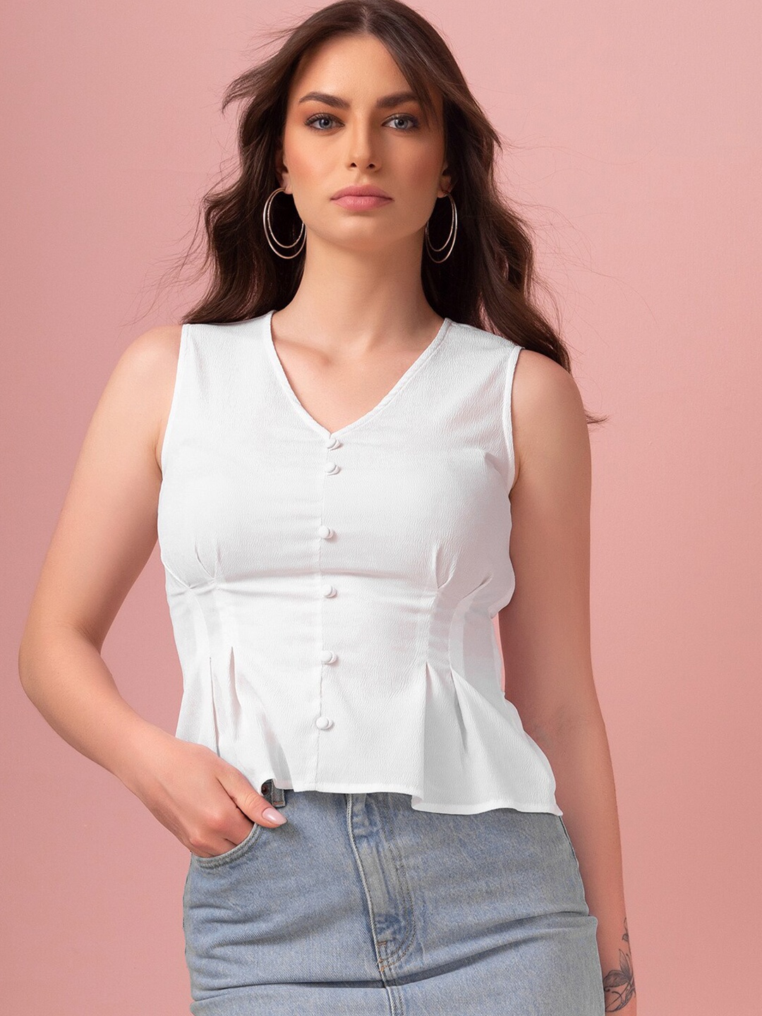 

FabAlley White V-Neck Sleeveless Peplum Top