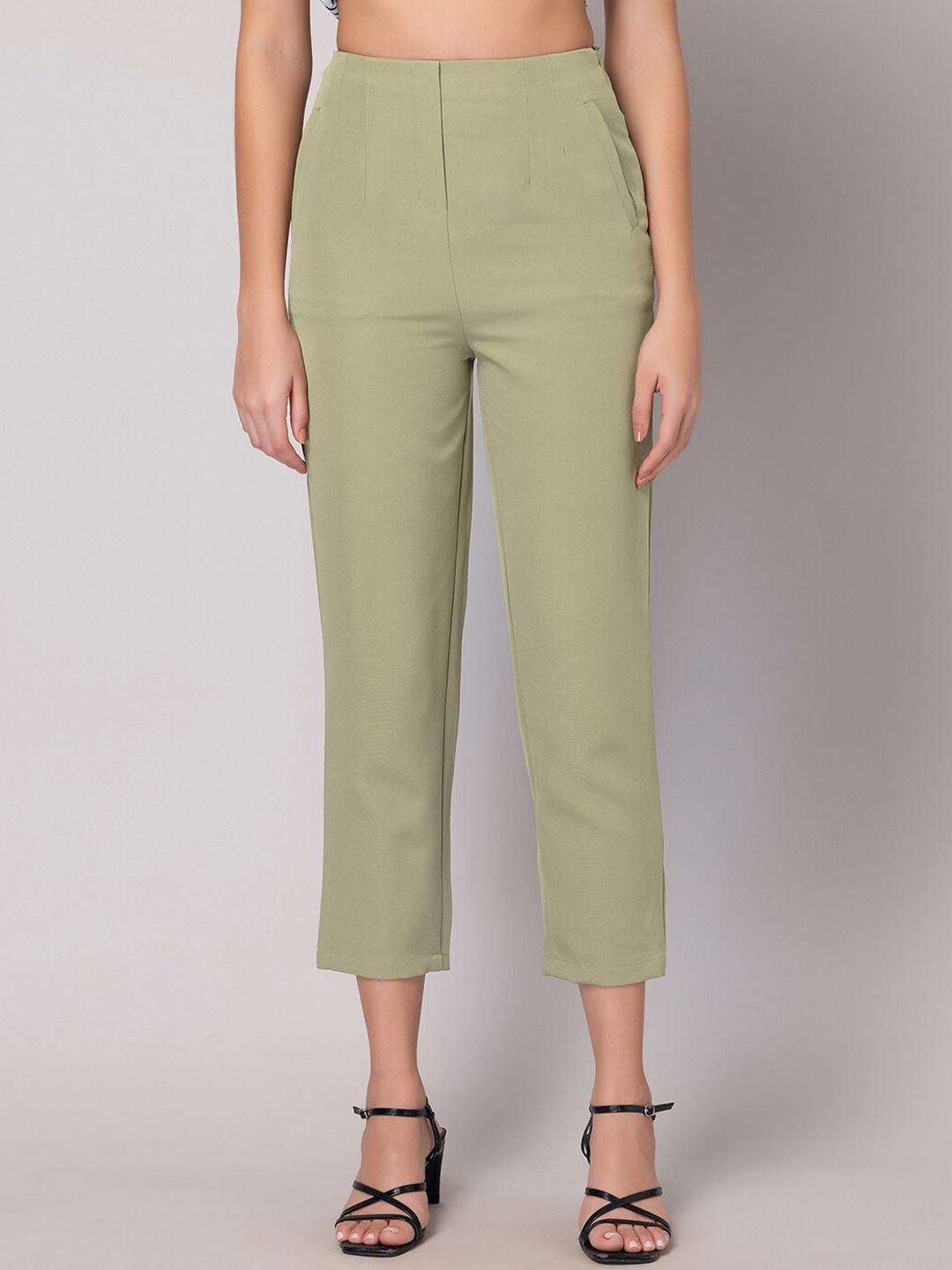 

FabAlley Women Green High Waist Cropped Trousers