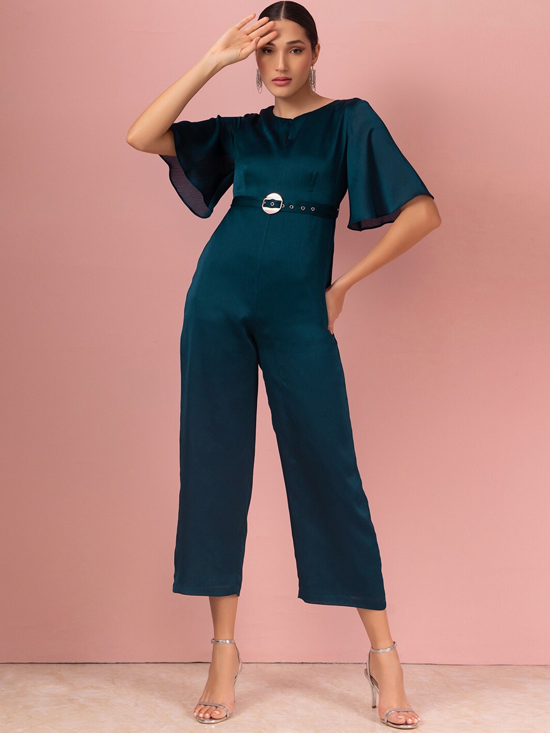 

FabAlley Green Keyhole Neck Flared Sleeves Belted Jumpsuit