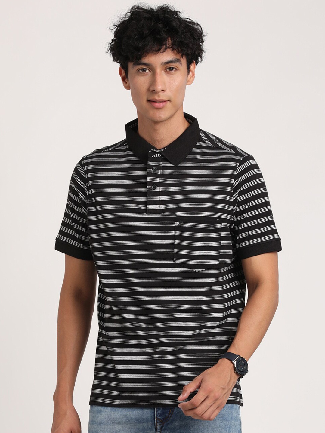 

Turtle Striped Polo Collar Slim Fit T-Shirt, Black