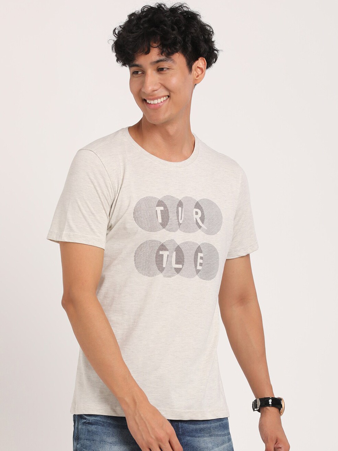 

Turtle Typography Printed Pure Cotton Slim Fit T-Shirt, Grey melange