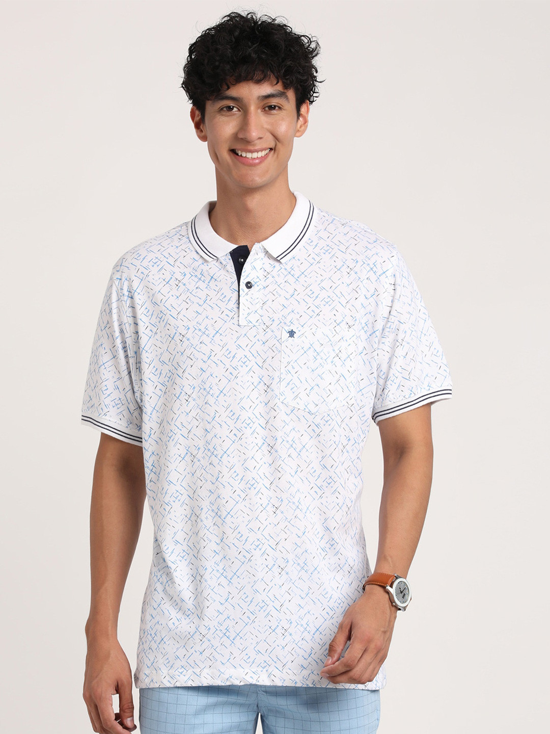 

Turtle Geometric Printed Polo Collar Pure Cotton Slim Fit T-Shirt, White