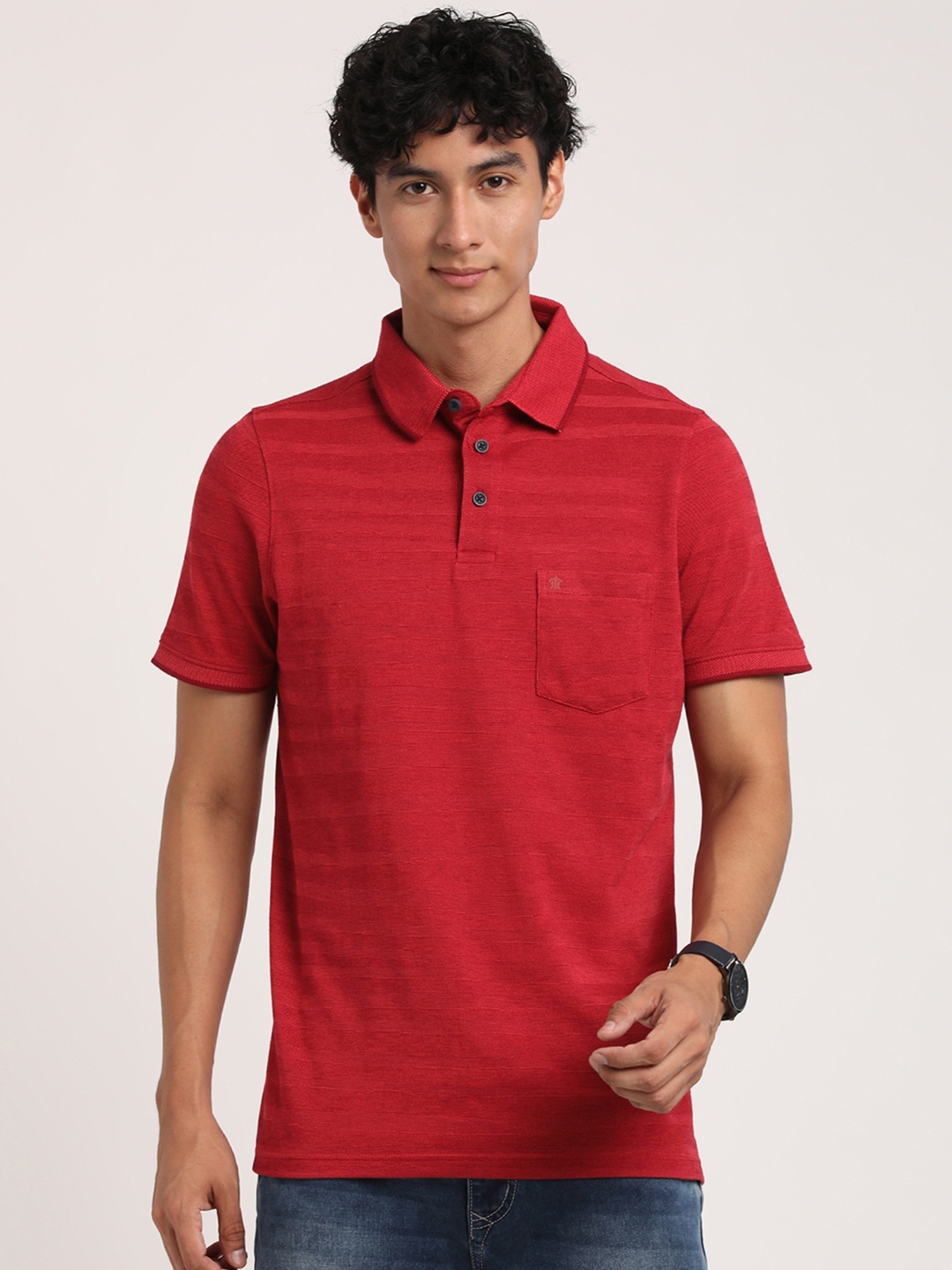 

Turtle Self Design Polo Collar Pure Cotton Slim Fit T-Shirt, Red