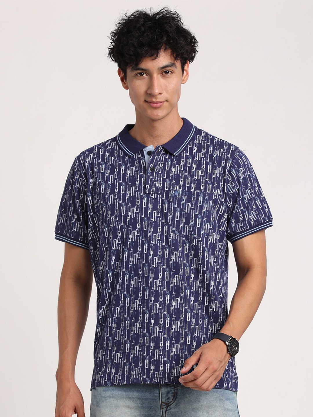 

Turtle Abstract Printed Polo Collar Pure Cotton Slim Fit T-Shirt, Navy blue