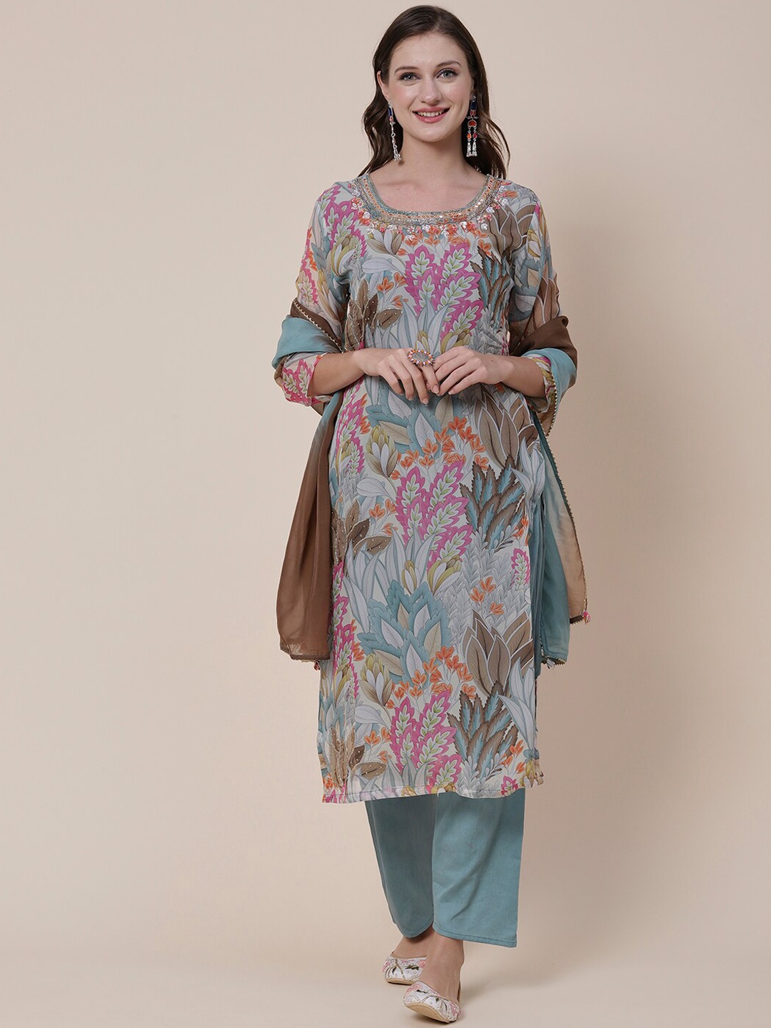 

FASHOR Floral Printed Mirror Work Kurta With Trousers & Dupatta, Blue