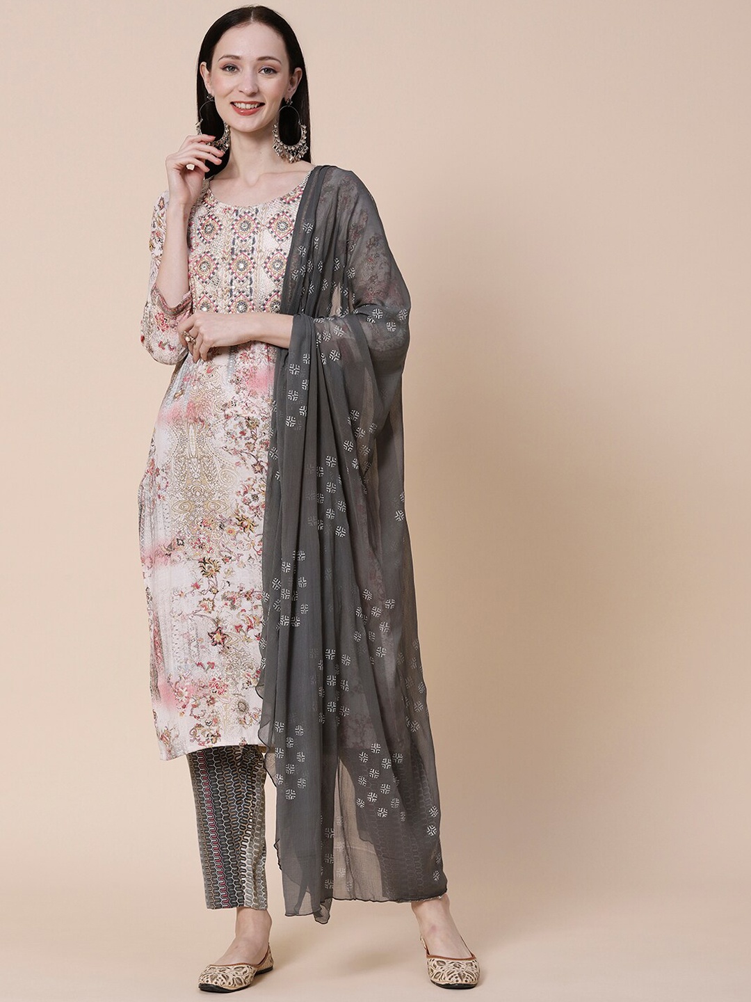 

FASHOR Floral Printed Mirror Work Kurta With Trousers & Dupatta, Off white