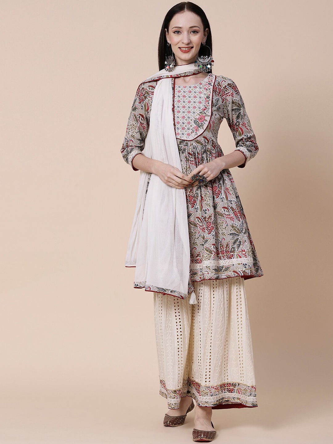 

FASHOR Grey Ethnic Motifs Printed Pure Cotton A-Line Kurta With Sharara & Dupatta