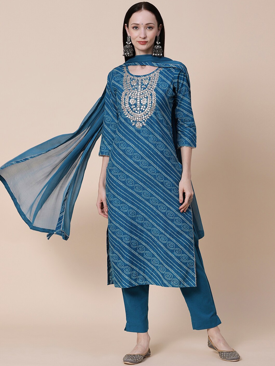 

FASHOR Bandhani Printed Gotta Patti Pure Cotton Kurta With Trousers & Dupatta, Blue