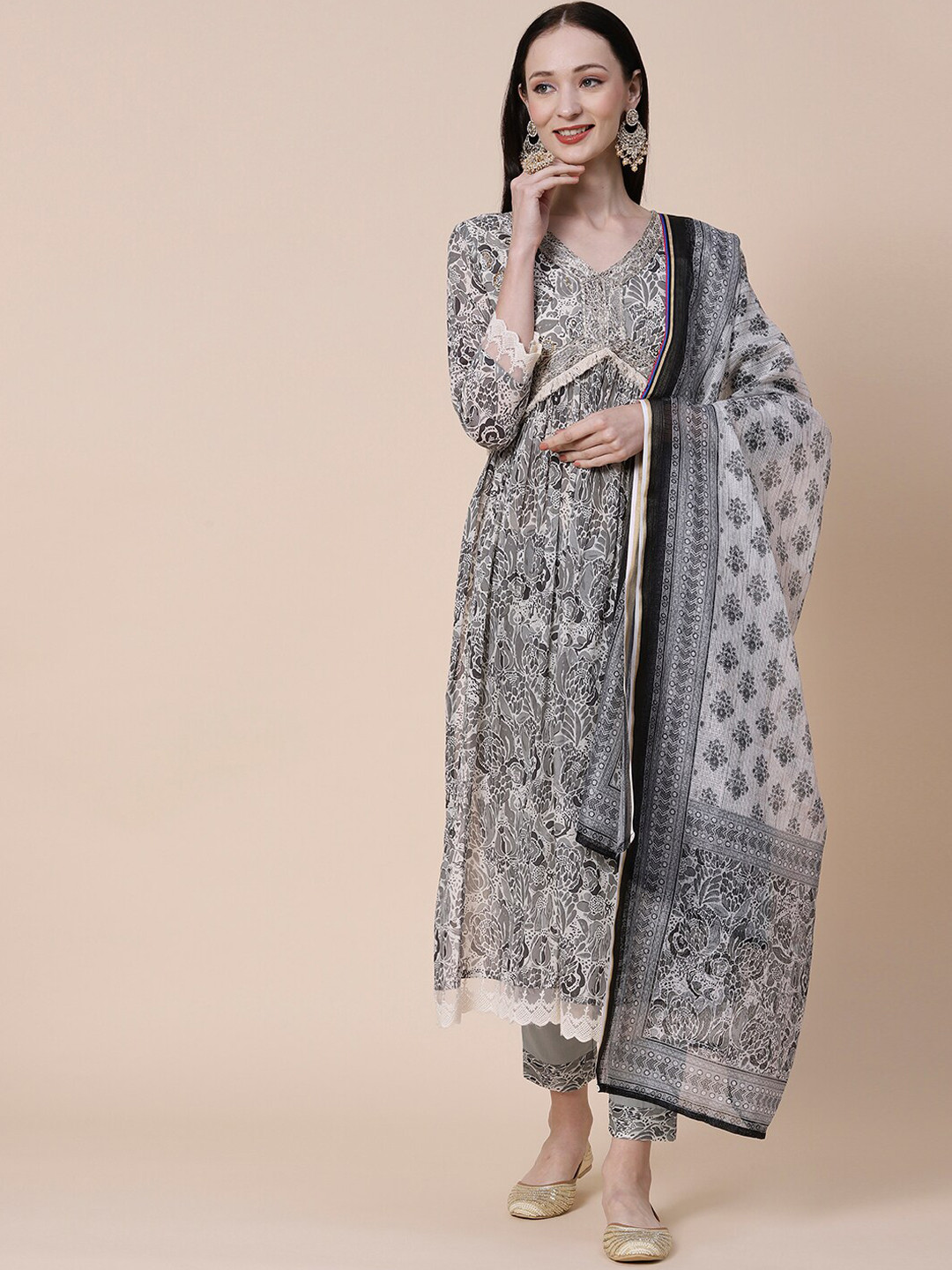 

FASHOR Ethnic Motifs Printed Pure Cotton A-Line Kurta With Trousers & Dupatta, Grey