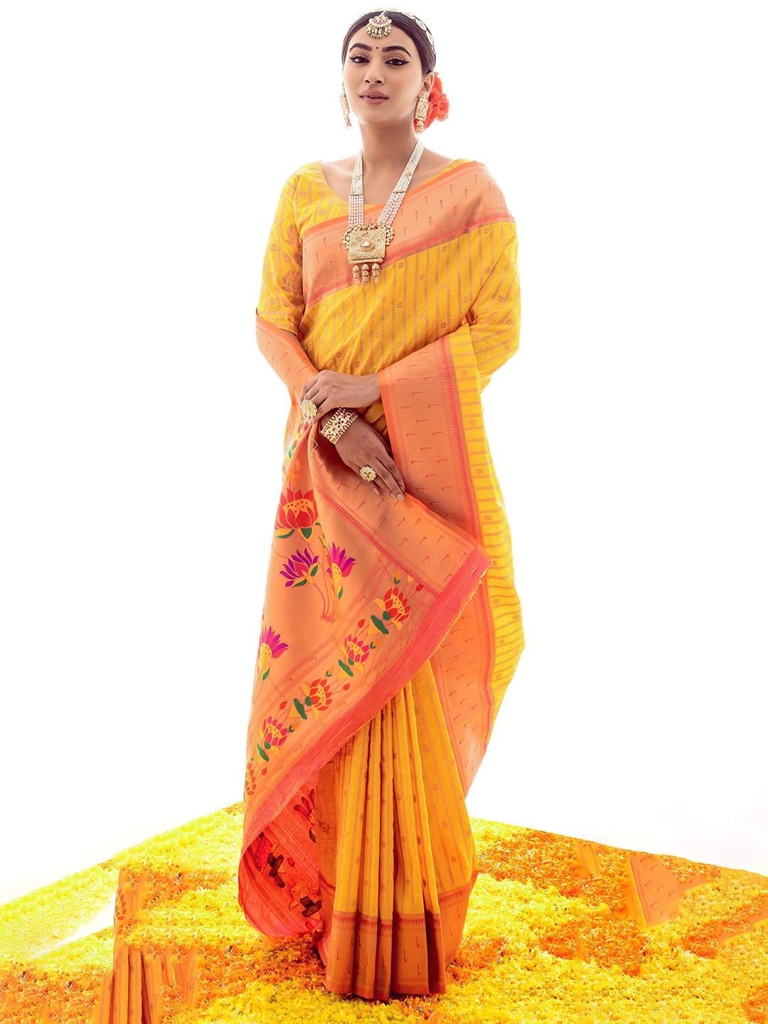 

elora Woven Design Zari Pure Silk Paithani Saree, Yellow