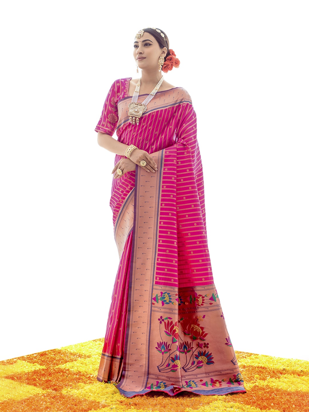 

elora Woven Design Zari Pure Silk Paithani Saree, Pink