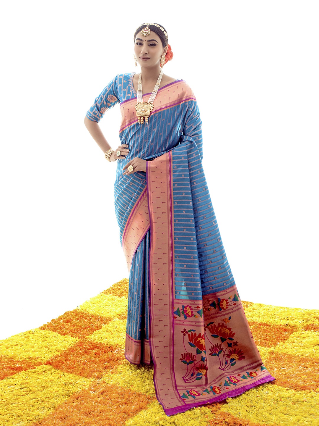 

elora Woven Design Zari Pure Silk Paithani Saree, Blue