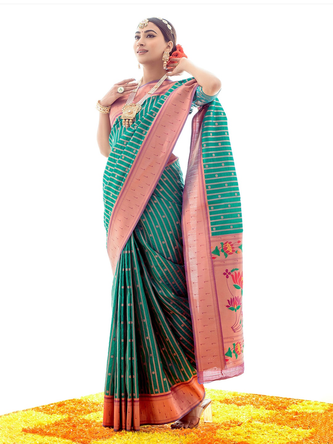 

elora Ethnic Motifs Woven Design Zari Pure Silk Paithani Saree, Green