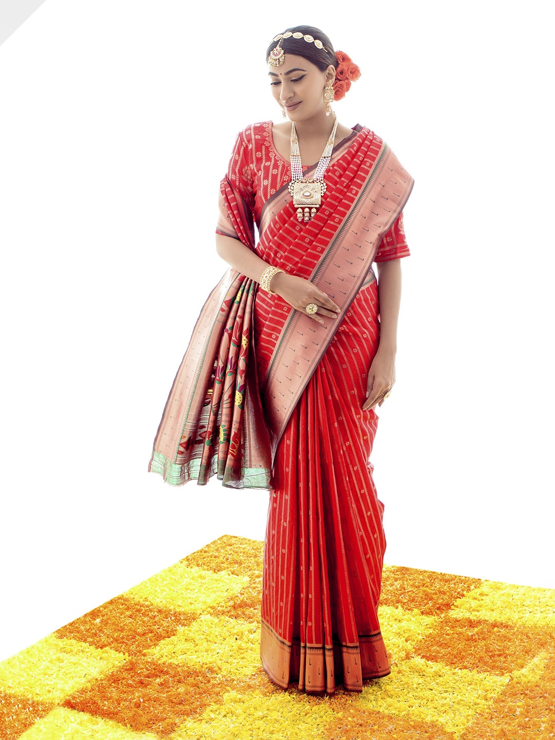 

elora Ethnic Motifs Woven Design Zari Pure Silk Paithani Saree, Red