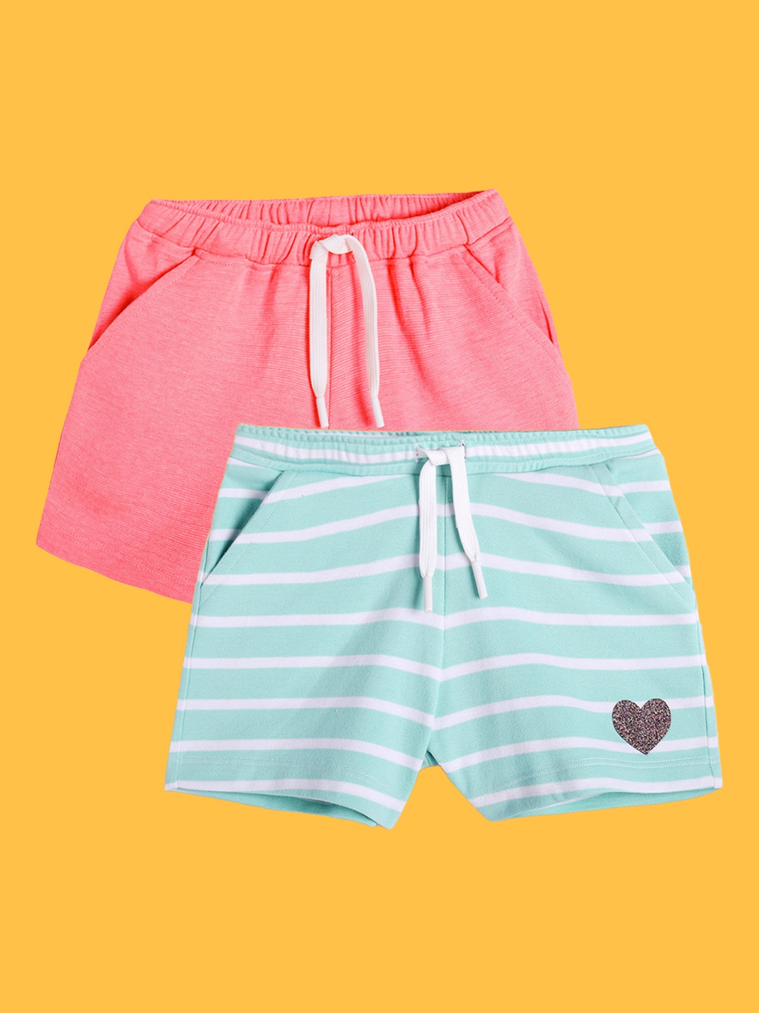 

Anthrilo Girls Pack Of 2 Striped High-Rise Casual Cotton Shorts, Sea green