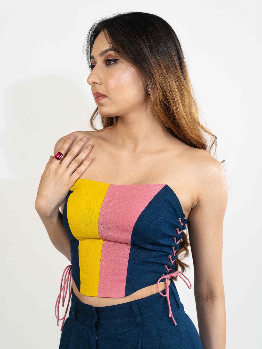 

POPPI Colourblocked Strapless Linen Tube Crop Top, Navy blue