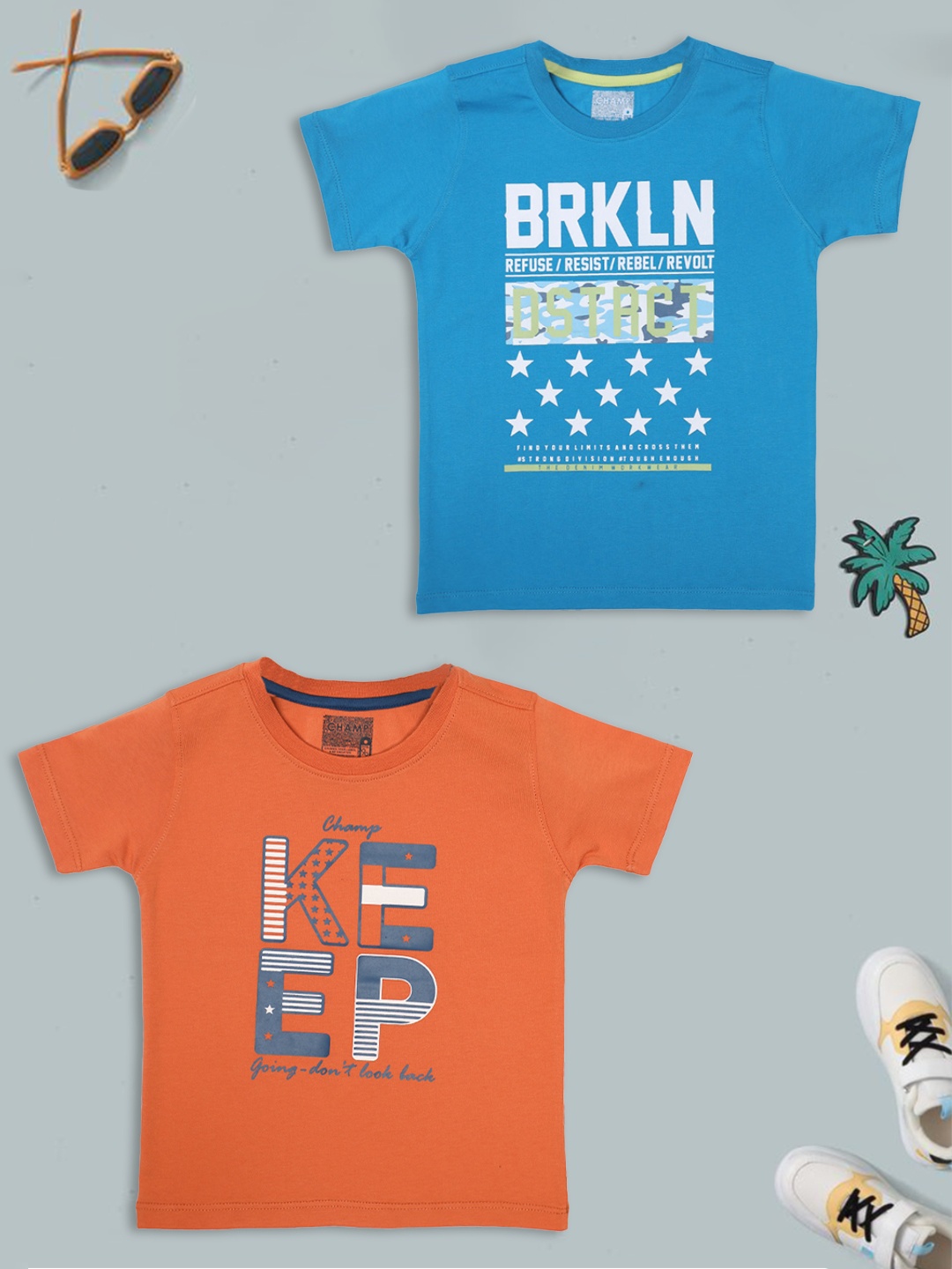 AXM CHAMP Boys Pack Of 2 Typography Printed Cotton T-shirt, Orange