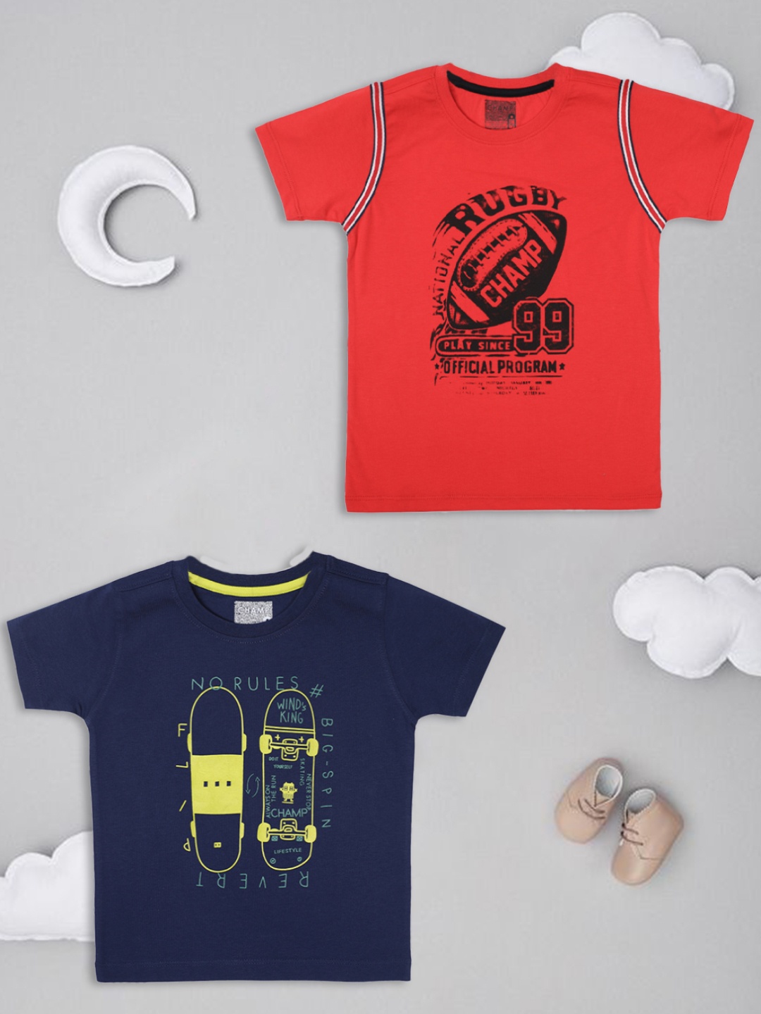 AXM CHAMP Boys Pack Of 2 Typography Printed Cotton T-shirt, Blue