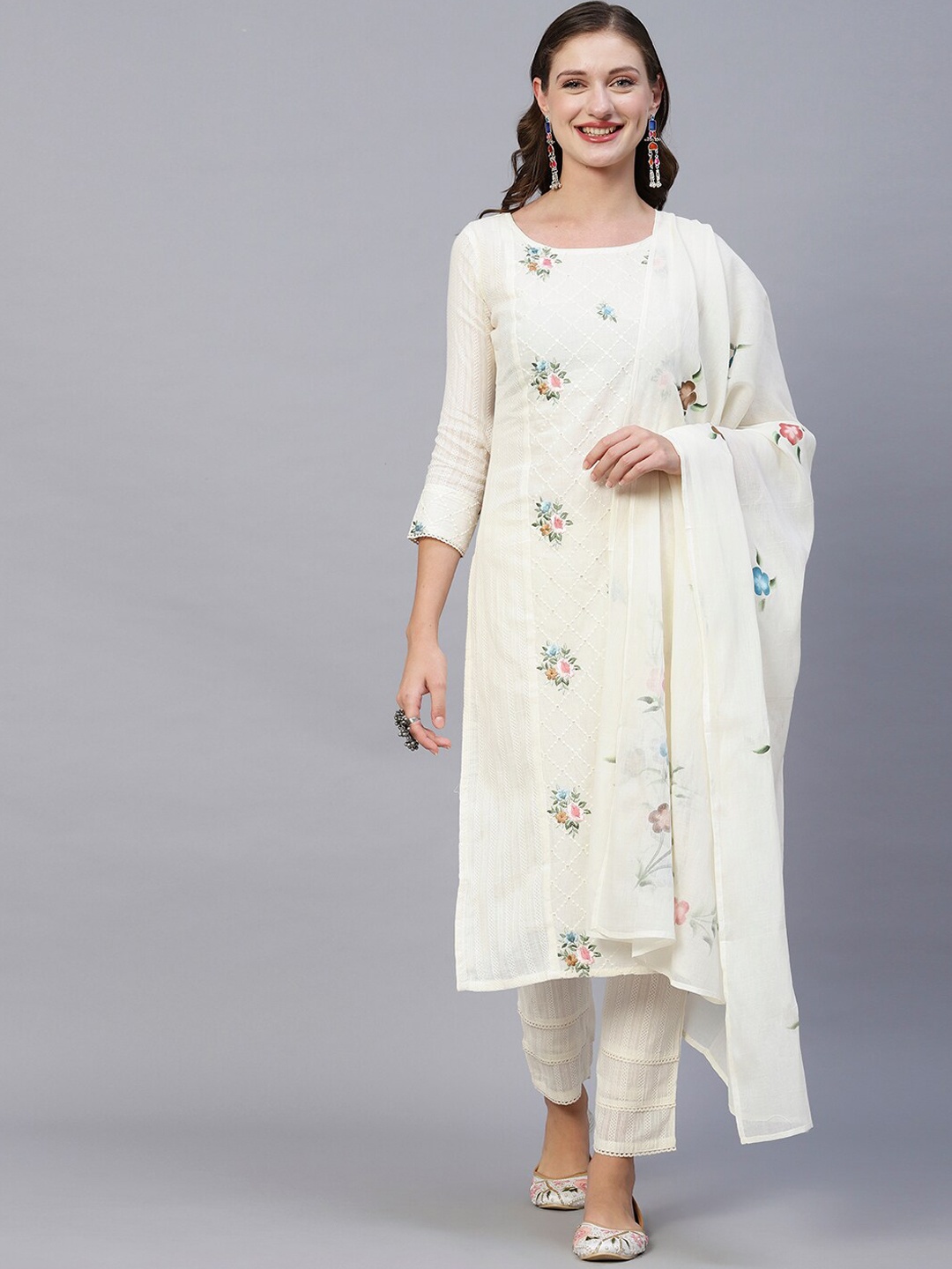 

FASHOR Floral Embroidered Sequinned Pure Cotton Kurta With Trousers & Dupatta, Off white