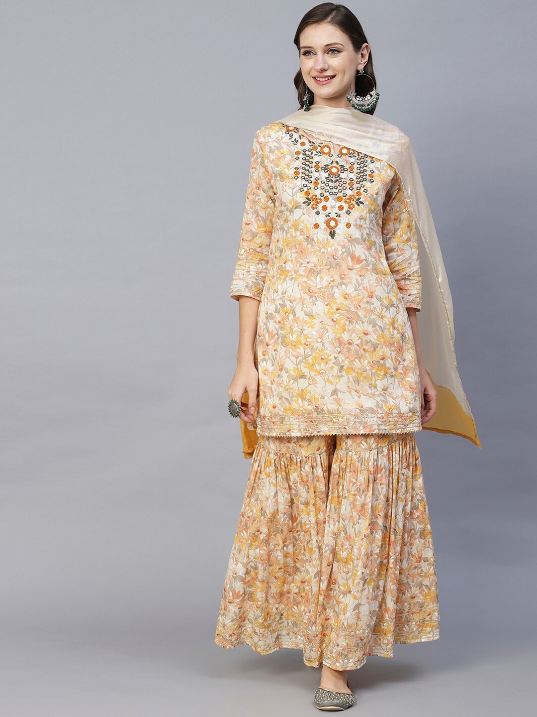 

FASHOR Yellow Floral Printed Pure Cotton Kurta With Sharara & Dupatta